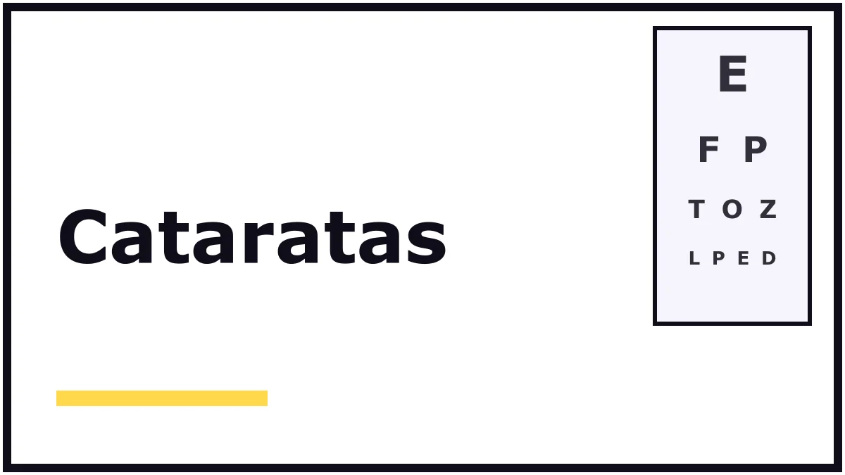 Portada ilustrada sobre las cataratas en los ojos: el título en letras negras grandes sobre fondo blanco y una tabla de letras para medir la vista, sin personas ni producto