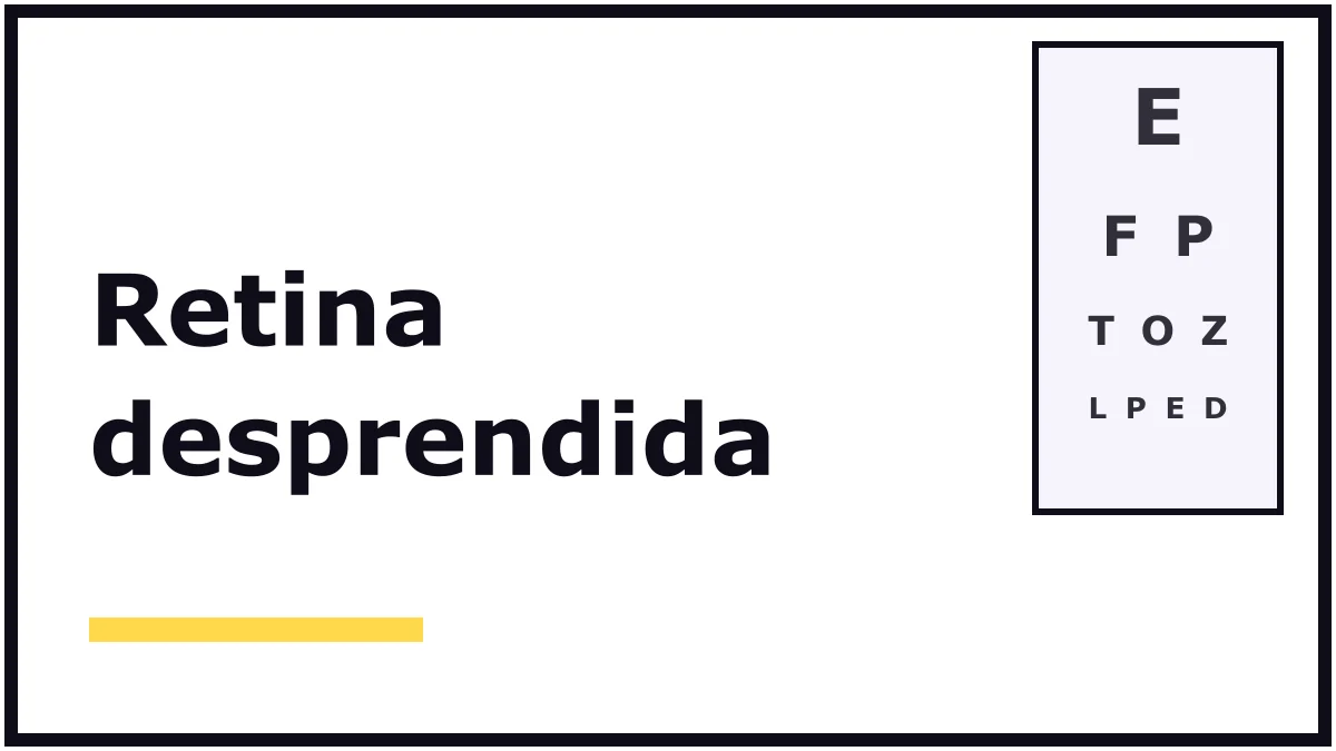 Portada ilustrada sobre el desprendimiento de retina: el título en letras negras grandes sobre fondo blanco y una tabla de letras para medir la vista, sin personas ni producto