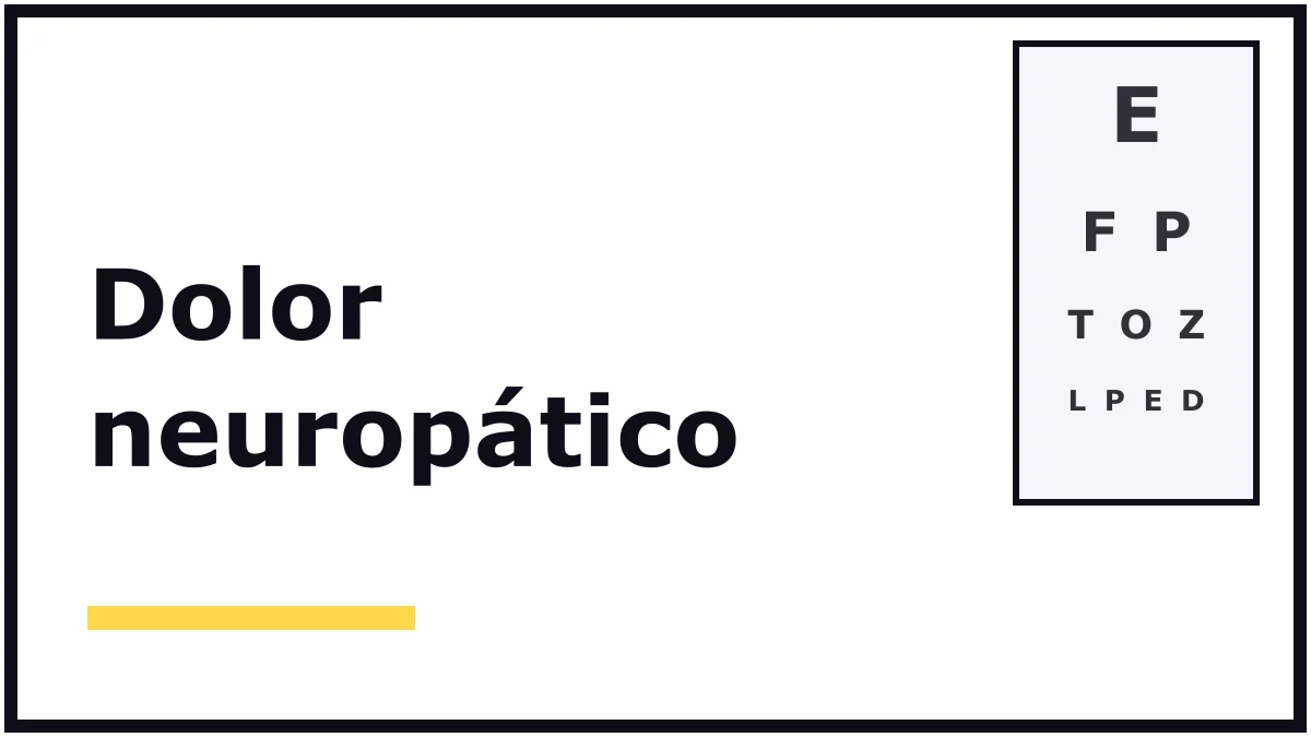 Portada ilustrada sobre el dolor neuropático: el título en letras negras grandes sobre fondo blanco y una tabla de letras para medir la vista, sin personas ni producto