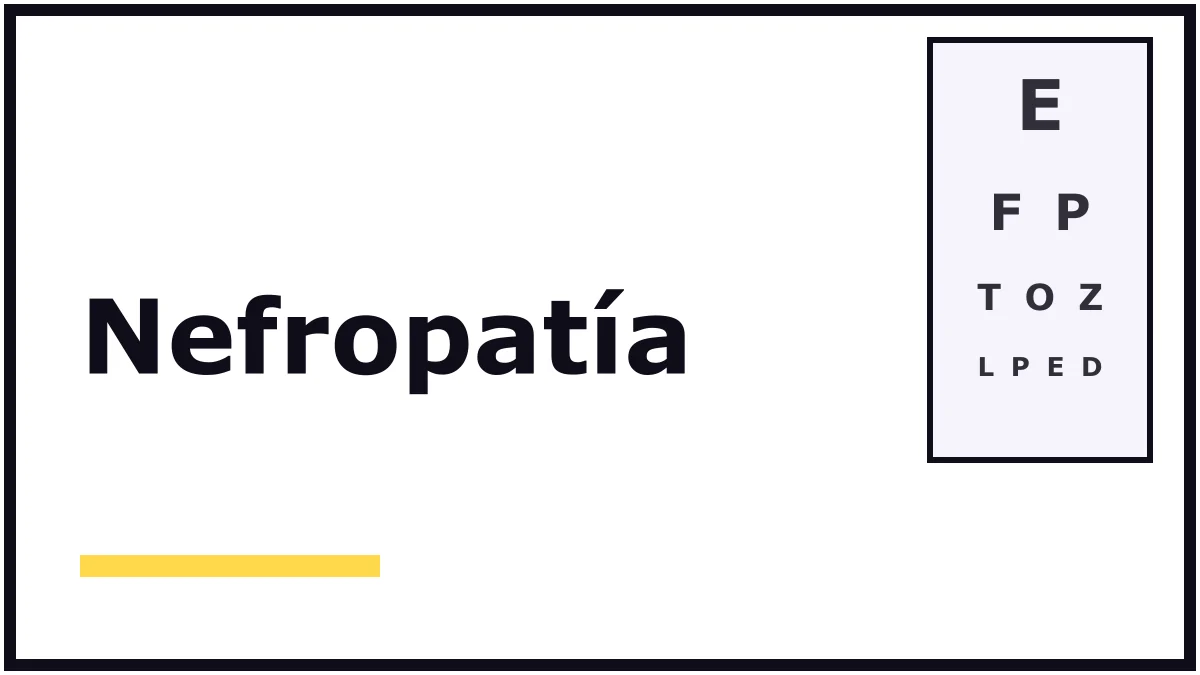 Portada ilustrada sobre la nefropatía: el título en letras negras grandes sobre fondo blanco y una tabla de letras para medir la vista, sin personas ni producto