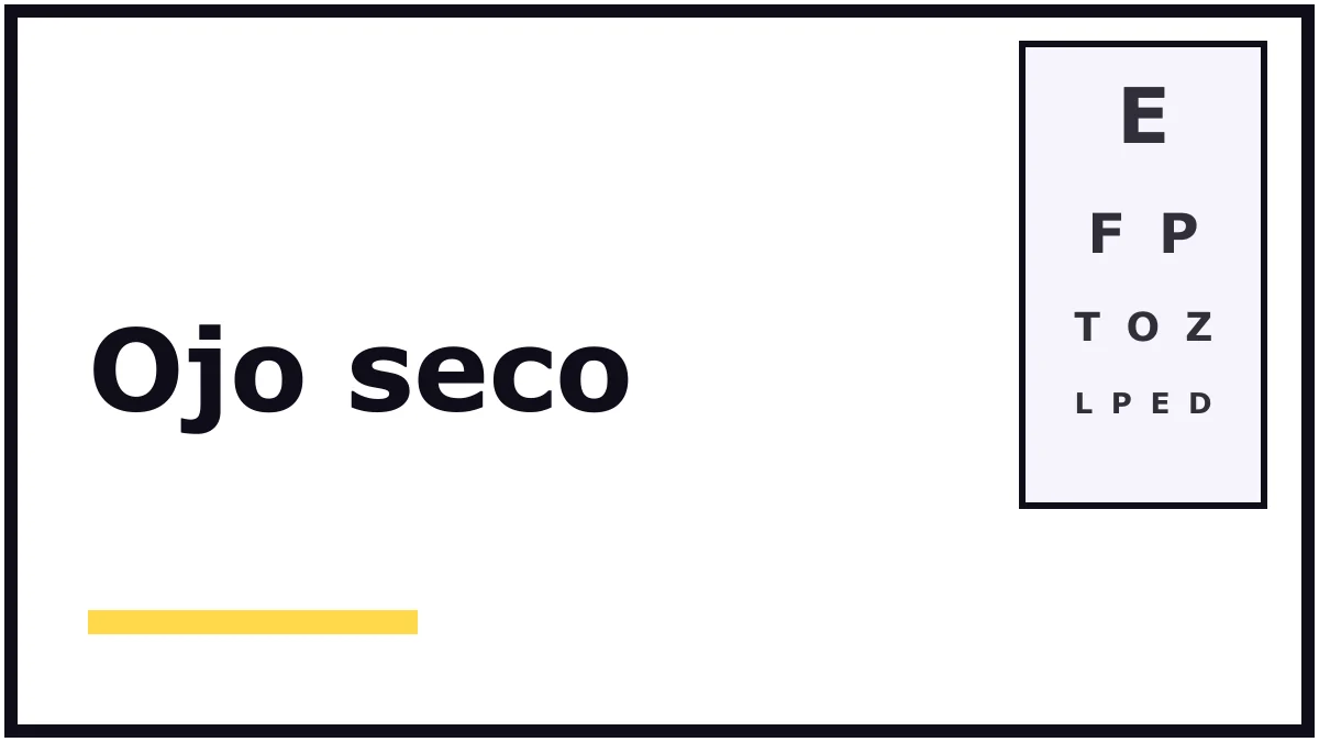 Portada ilustrada sobre el ojo seco y la diabetes: el título en letras negras grandes sobre fondo blanco y una tabla de letras para medir la vista, sin personas ni producto